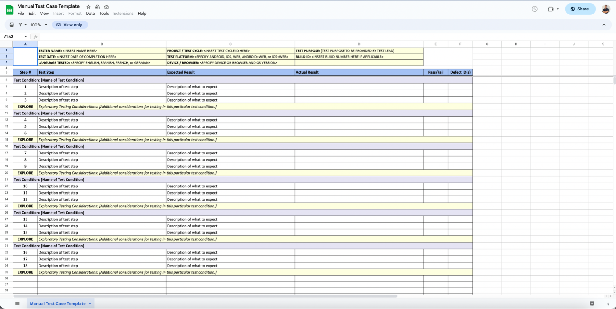 Test Case Management template on Google Sheets for manual testing